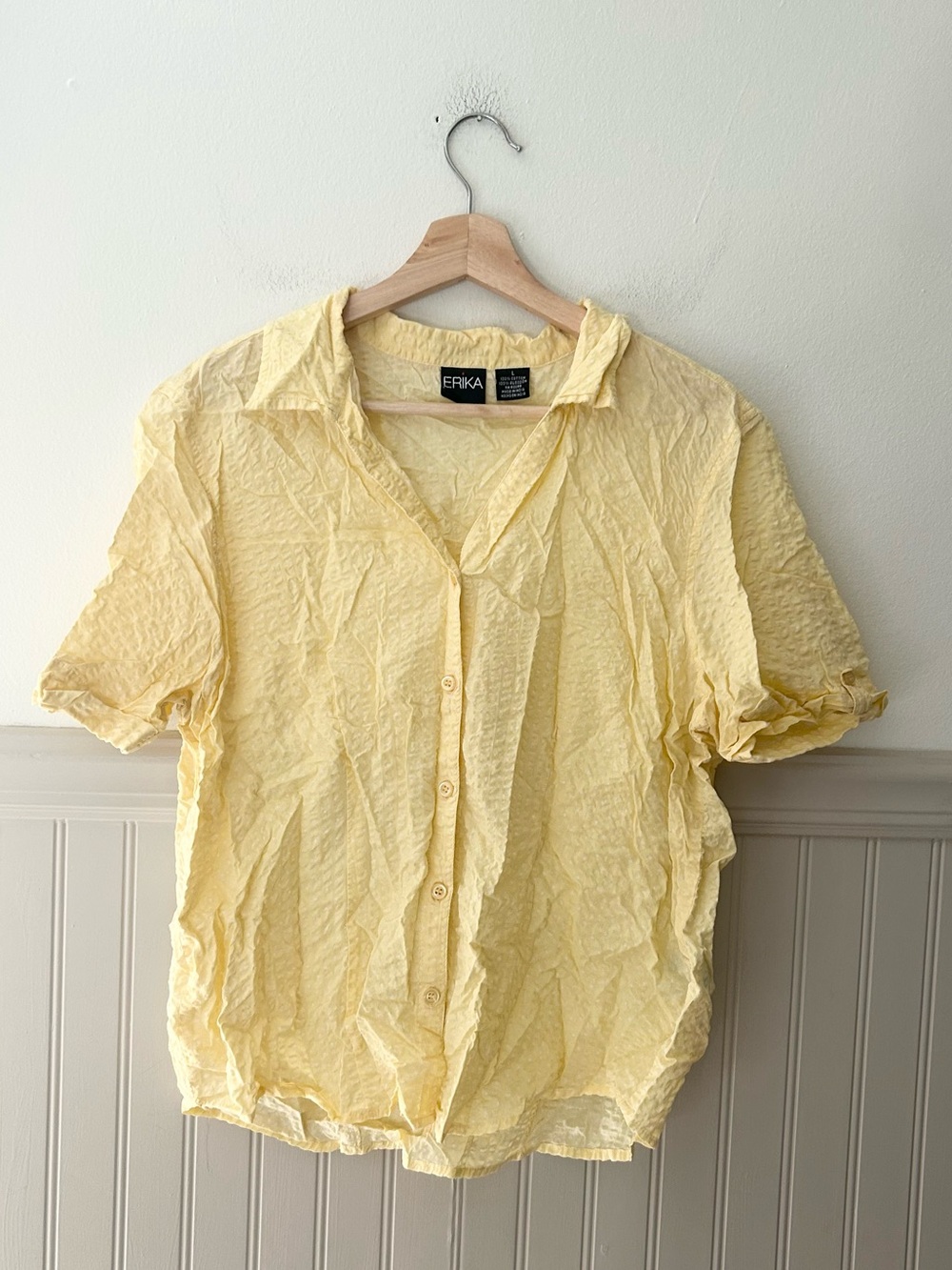 Vintage Erika Yellow 100% Cotton Short Sleeve Button Down Shirt Size Large